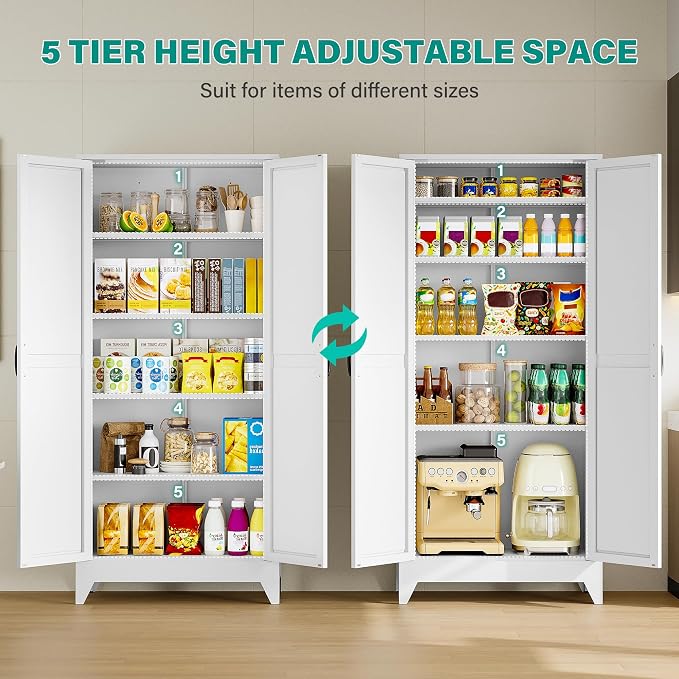 SISESOL 75" Tall Pantry Cabinet,Farmhouse Kitchen Pantry Storage Cabinets with 2 Doors and 5 Shelves,White Metal Storage Cabinet,Large Cupboard for Home,Kitchen,Dining/Living Room