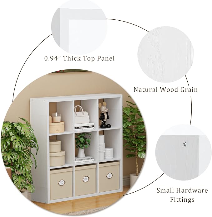 VDNEND Cube Storage Organizer Bookcase, Decorative 11 inch Open Back Cubical Shelf with Thickened Border, Display Bookshelf for Living Room, Home Office, Sturdy Room (White, 9 Cube)