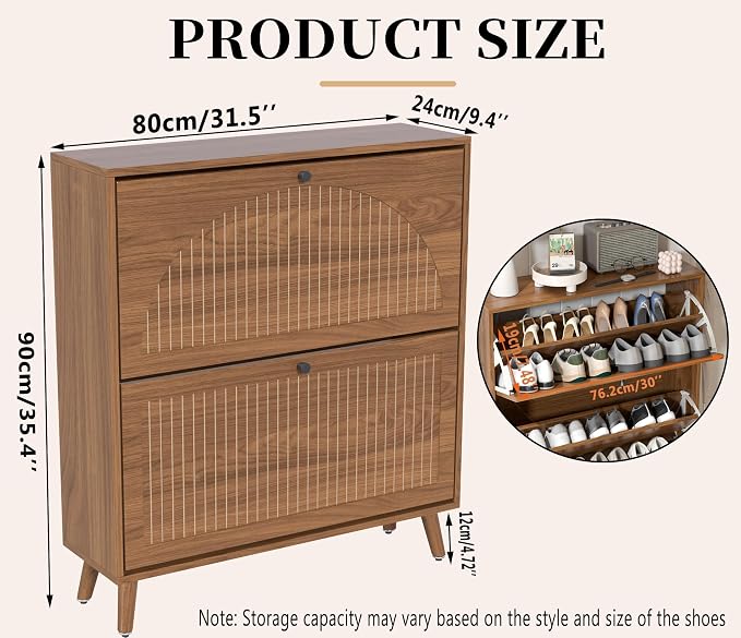 Fsbecl Shoe Storage Cabinet for Entryway with 2 Flip Drawers, Narrow Wood Shoe Cabinet with Fluted Panel, Freestanding Hidden Shoe Organizer for Hallway