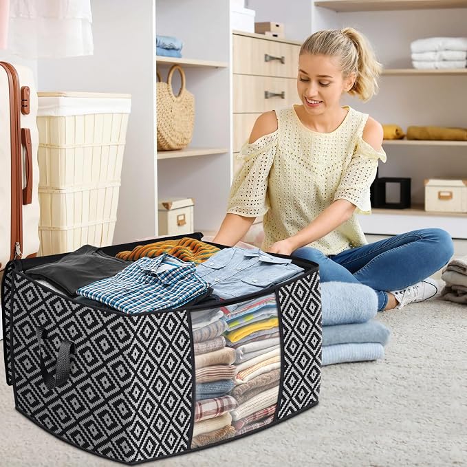 100L 6 Pack Storage Bags, Foldable Clothes Bins with Clear Window, Black