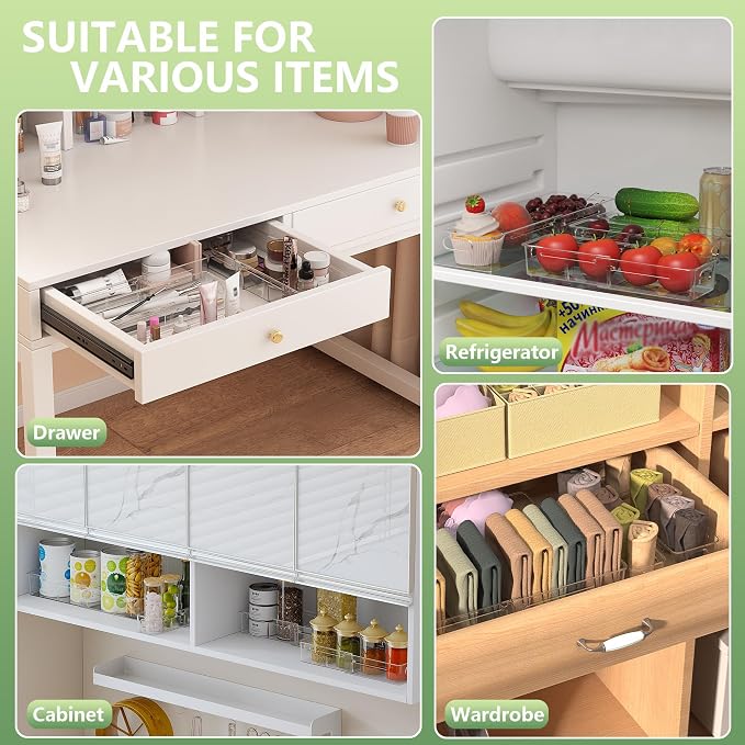 BLULEE 4-in-1 Expandable Drawer Organizer Set, Adjustable Clear Bins | with Dividers for Kitchen, Bathroom, Vanity & Office, Scalable Trays for Cosmetics, Utensils & Desk Accessories (16 Pcs)