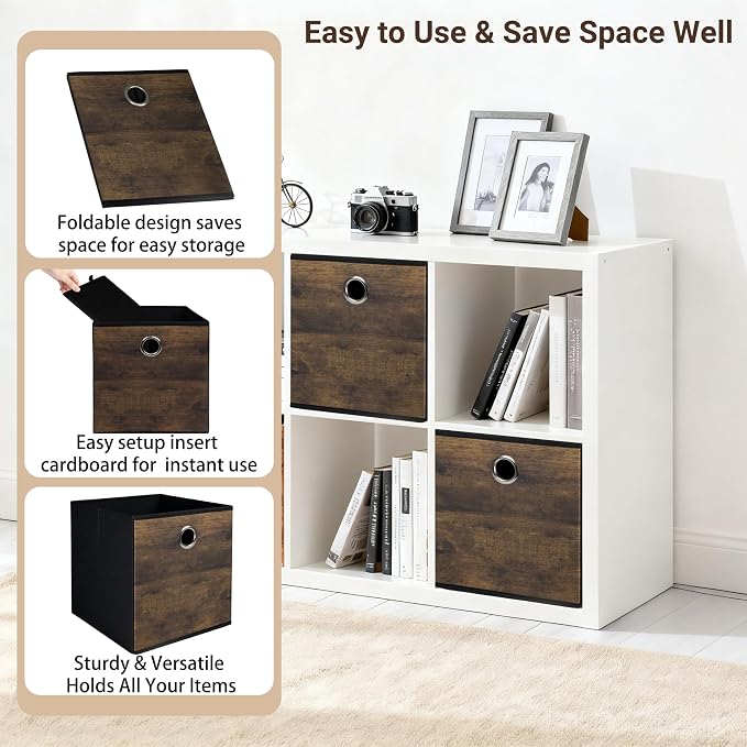 6 Pack Durable Storage Cube Bin with Decorative Wood Grain,Thickened Fabric Box,Storage Basket for Shelf,Closet,Storeroom,Bedroom,Living Room,Nursery,Office,Dorm,RV,10.2x10.2x11in,Brown & Black(Small)
