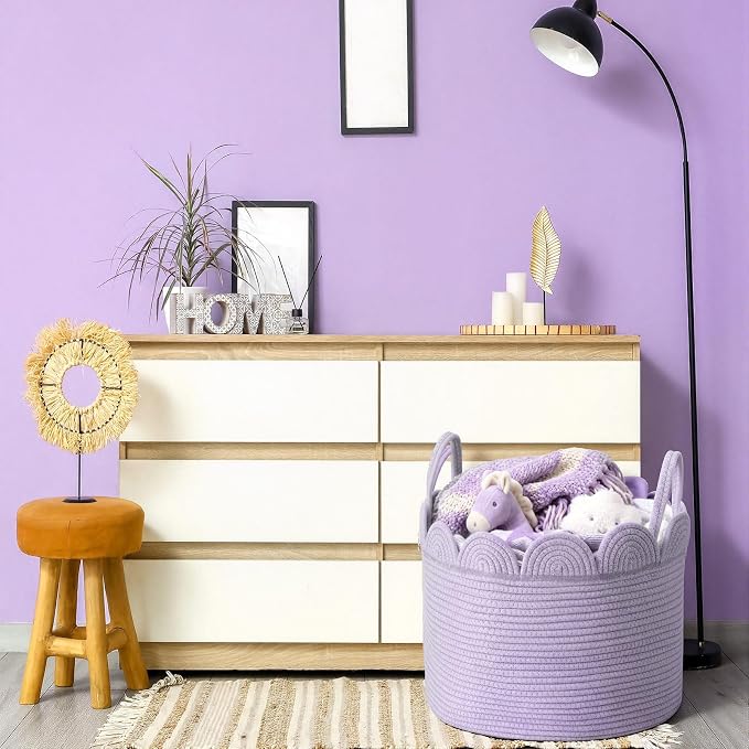LemonRoad Lavendor Purple Round Basket Large Blanket Basket 16'' x 14" Scalloped Woven Baskets Cotton Storage Baskets for Nursery Classroom Closet Blankets Storage Home Decor