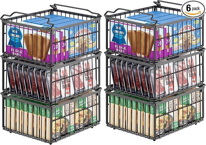 Freezer Organizer Bins, 6 Pack Enlarged Baskets for 5-9 Cu.FT Deep Freezer | Stackable Chest Freezer Organizer Bins, Foldable with Handles, Black Storage Container Baskets for Sort Frozen Meats
