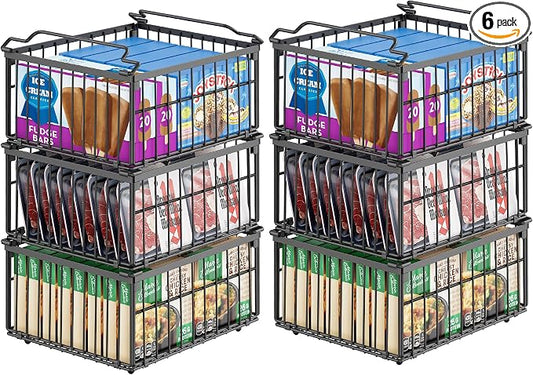 Freezer Organizer Bins, 6 Pack Enlarged Baskets for 5-9 Cu.FT Deep Freezer | Stackable Chest Freezer Organizer Bins, Foldable with Handles, Black Storage Container Baskets for Sort Frozen Meats