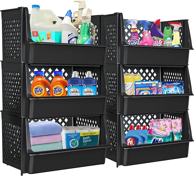 Large Stackable Storage Bins Open Front for Pantry Storage, 6 Pack - Black | Sturdy Plastic, Easy Stacking, Open Front Access, Ventilated Sides, Vertical & Space Saving Pantry Organizers and Storage Bin
