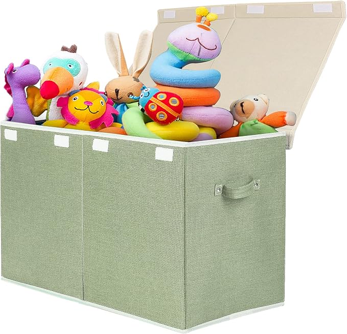 Large Toy Box Chest Storage with Lid, Collapsible Kids Toy Storage Box Bin | Toy Chest with Rivets Handles for Kids, Boys, Girls, Nursery, Playroom, Living Room, Bedroom, 25"x 13" x 16" (Linen Green)