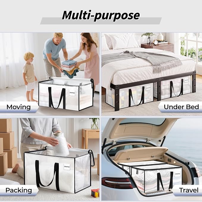 16 Pack Extra Large Clothes Storage Bins with Lids, Storage Bags with Reinforced Handles & Heavy-Duty Zippers, Moving Bags, Moving Boxes Totes for Clothes Packing, Dorms, College Supplies, Clear