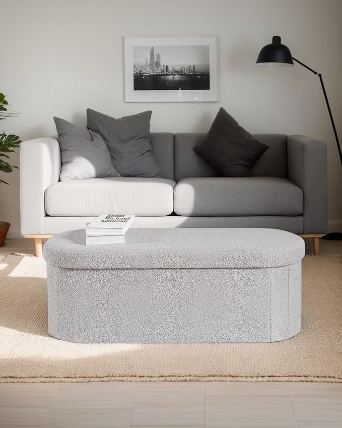 43.3 Inches Foldable Storage Ottoman Bench, Oval Footrest | Teddy Boucle Fabric, Hidden Storage, Soft Padded Seat, End Of Bed Bench For Bedroom, Living Room and Entryway, Grey