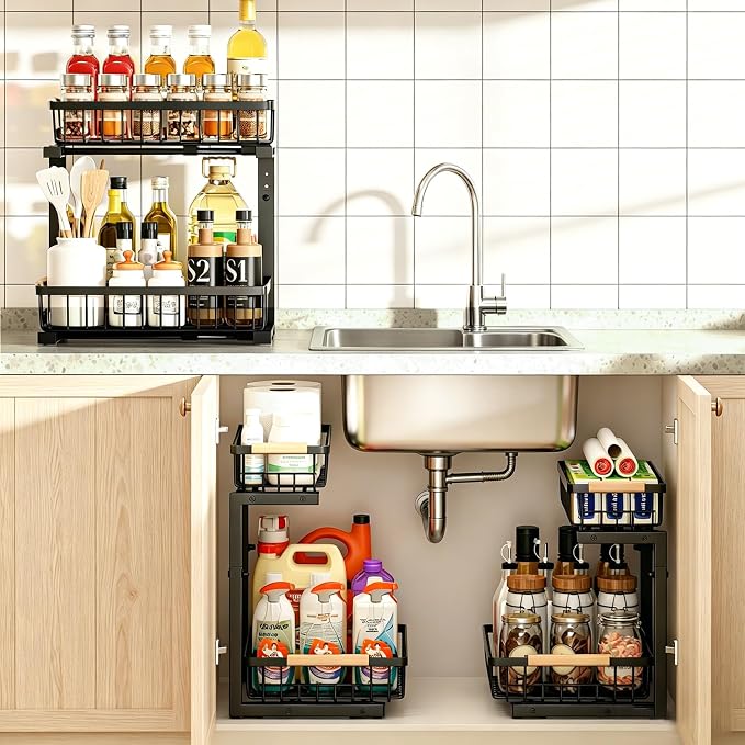 Under Sink Organizer, 2 Pack Height Adjustable Under Sink Organizers and Storage, 2 Tier Pull Out Drawer Cabinet Storage for Kitchen Bathroom
