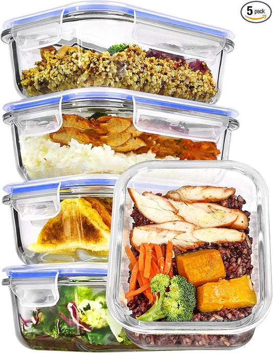 Vtopmart 5Pack 22oz Glass Storage Containers with Lids, Blue | Glass Meal Prep Food Container Sets, Snap Airtight Lid, For Microwave, Oven, Freezer and Dishwasher, BPA Free