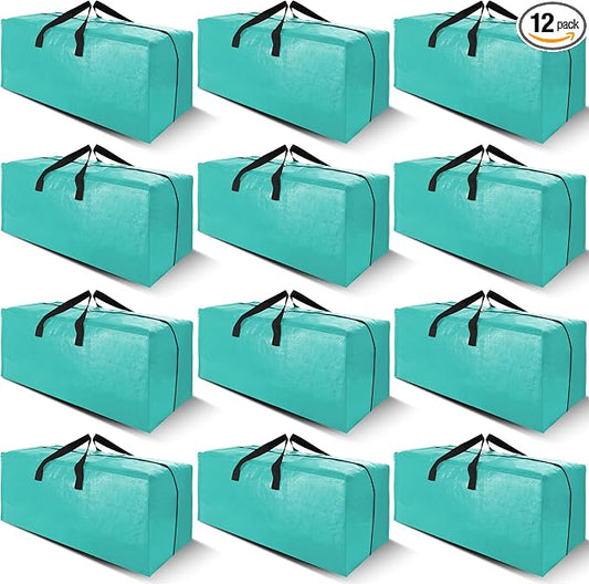 Cosy Family 12 Pack Heavy Duty Extra Large Moving Bags with Backpack Straps - Strong Handles & Zippers, Storage Totes For Space Saving, Fold Flat, Alternative to Moving Box, Aquamarine