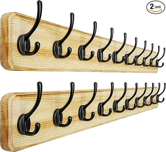 Coat Rack Wall: 38-1/4" Long, Patented, Heavy-Duty, 10-Double-Hooks Wooden Wall Mounted Coat Rack Coat Hanger Hook Rail for Winter Coats Hat Jacket Clothing, Light Brown, Pack of 2