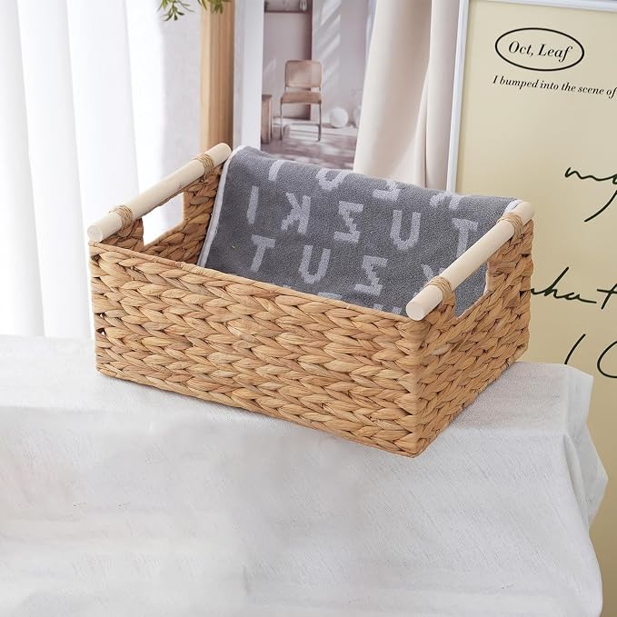 Wicker Storage Basket, Woven Shelf Organizer, 15.5x10.8x6.2 | 15.5x10.8x6.2" natural wicker basket with handles; rectangular shelf organizer for kitchen, bathroom and living spaces.