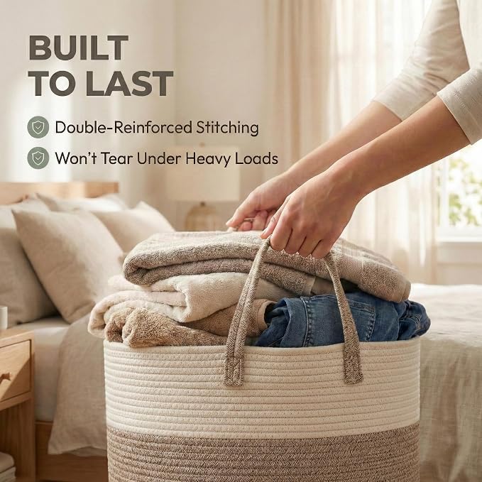 JMvicyroam 115L Extra Large Machine Washable Cotton Rope Blanket Basket | Collapsible laundry hamper, Reinforced handles, For blankets, pillows, toys and clothes, Living room and bedroom, White&Brown