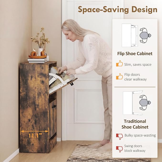 HOMCOM Shoe Cabinet with 2 Flip Drawers, up to 12 Pairs, Rustic Brown | Narrow Storage Cabinet, Adjustable Dividers, Entryway Shoe Storage Unit, for Hallway
