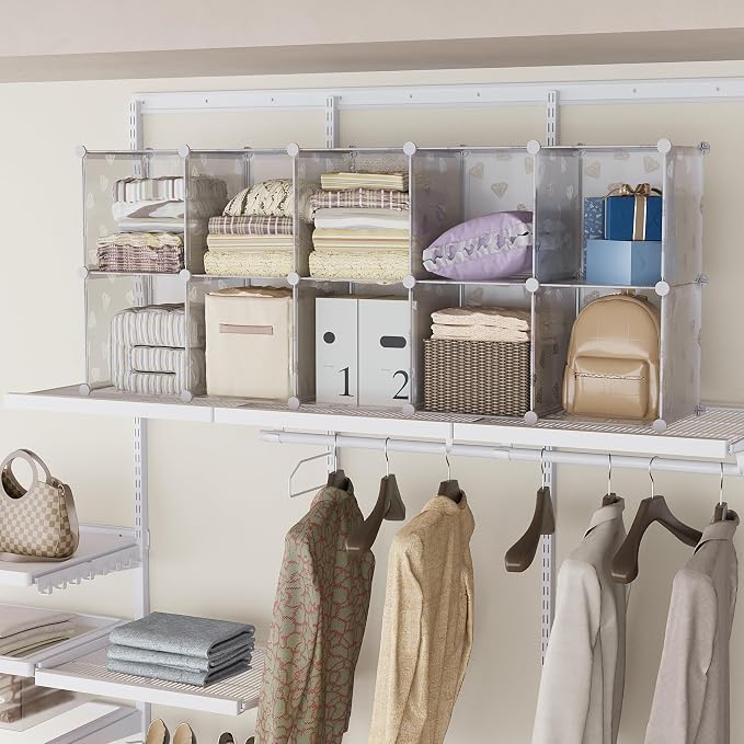 UNKU 16 Cube Storage Organizer, Closet Organizer Storage Shelf,Translucent | DIY Stackable Bookcase, Clothes Organizer Shelves for Closet, Bedroom, Living Room, Cabinet, Home, Office