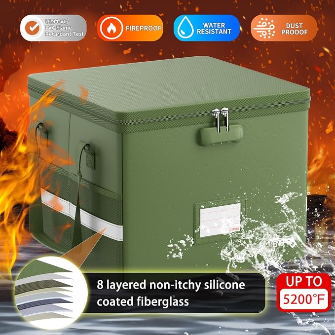 ENGPOW 5200°F File Box Fireproof Document Box with Lock,Heat Insulated Collapsible File Storage Organizer Box with Handle,Portable Home Office File Cabinet for Hanging Letter/Legal Size Folder, Green