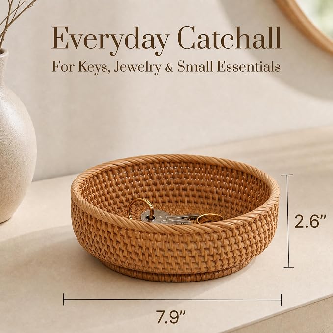 7.9" Small Round Rattan Basket - Wicker Organizer Basket, Handwoven Storage for Keys, Jewelry, Desk, Tabletop, Entryway Decorative Basket Boho Tray (S, 7.9" x 2.6")