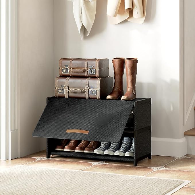 3 Tier Shoe Cabinet with Door, 12-Pair Storage, Black | Compact for small closets. Holds heels, sneakers, boots. Door for dust/pet protection. Quick easy setup.