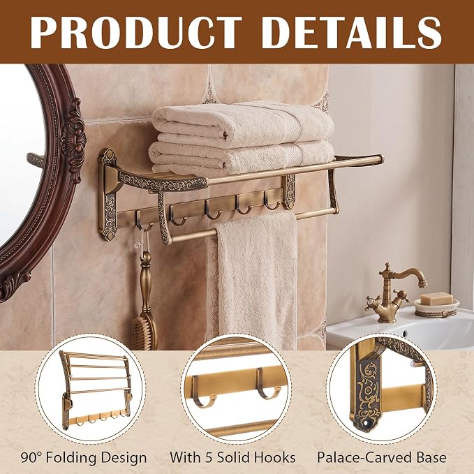 Brass Foldable Towel Rack with Hooks, Foldable Wall Mounted Bathroom Shelf Towel Bars Antique Gold Aluminum Rail Holder for Bathroom, Entryway, and Kitchen(2-Tier Vintage Style,24")