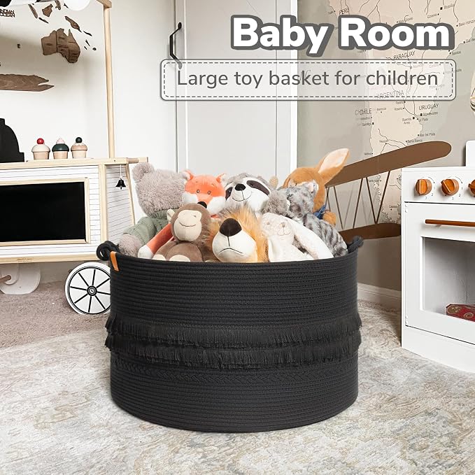 CherryNow 90L Large Woven Rope Blanket Basket with Tassel, 22" x 14", Black | Boho Basket for Toys, Clothes & Pillows Storage, Fits Bedroom Living Room Home Décor, Laundry Hamper with Knotted Handles