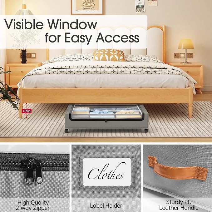 Yecaye 4 Pack Under Bed Storage with Wheels, Under Bed Storage Containers with Lids, Large Under Bed Rolling Storage with Clear Window & Label, Rolling Drawers for Clothes, Blankets, Books