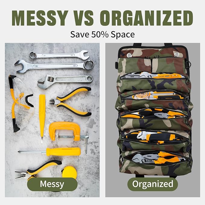 Portable Foldable Roll Up Tool Bag, Heavy Duty Tool Organizer Bag with 5 Compartments & 2 Detachable Pouches for Tools Storage, Waterproof Tool Roll Bag for Dad Men Electrician Gifts
