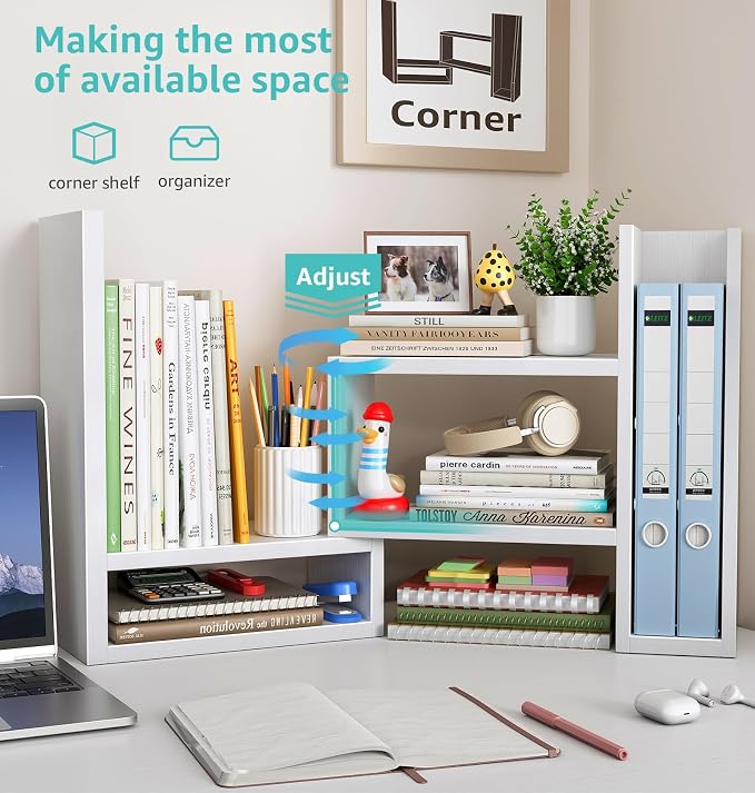 Desktop File Organizer Desk Organizer Shelf - White Office Organization Shelves for Top of Desk Organizers and Accessories Corner Bookshelf Table Top Shelving Small Hutch Decorations for Women Office