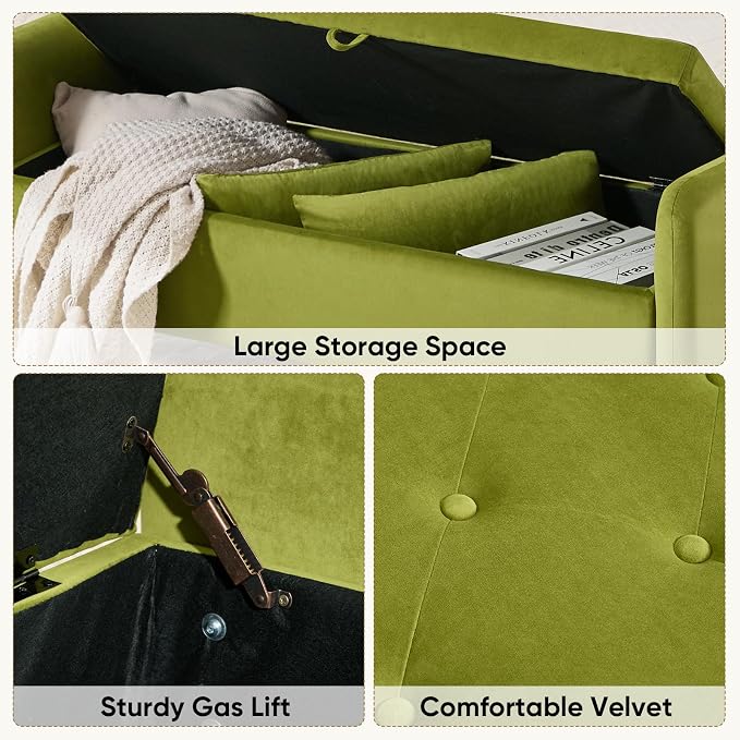 48" End of Bed Bench, Modern Storage Benches with Button-Tufted, Velvet Upholstered Storage Ottoman Bench for Foot of Bed with Arms, Gold Legs Window and Entryway, Olive Green