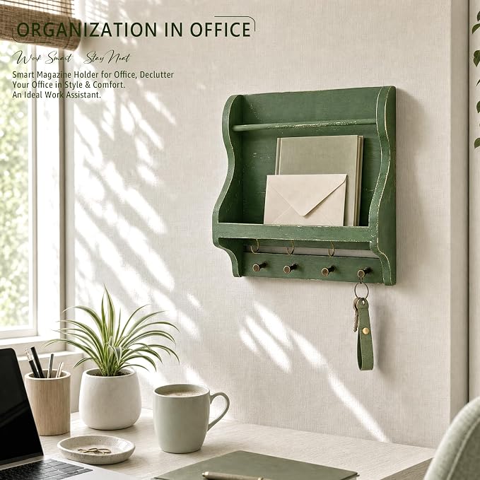 Pine Wood Mail Organizer Wall Mount with 7 Key Hooks for Room Decor, Green | Mail Holder for Wall, Key Hanger for Sunglasses and Wallets, Mail, Farmhouse Magazine Holder, Home Organization, Wood Decor