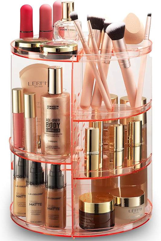 Masirs 360 Rotating Makeup Organizer Countertop, Adjustable Shelf, Pink | 360-Degree Rotating Makeup Organizer, Adjustable Shelf Height, Cosmetic Perfume Skincare Storage, Vanity Countertop, Pink