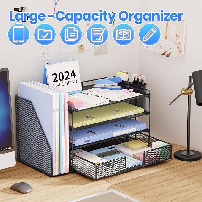 OPNICE Desk Organizer, 4-Tier Desktop File Organizer with Drawer and Pen Holders, Office Desk Accessories, File Sorters, Workspace Organizers for Office Supplies(Black)