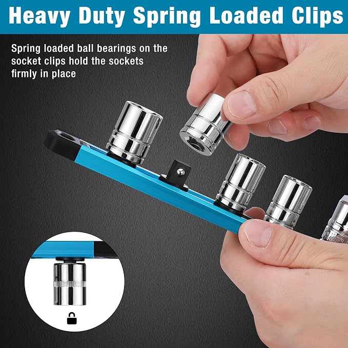WORKPRO Magnetic Socket Organizer, Heavy Duty 3/8-Inch Drive Socket Rail | 1 Piece Socket Holder with 10 Spots, Aluminum Alloy, Rotatable & Movable Clips, Efficient Organization