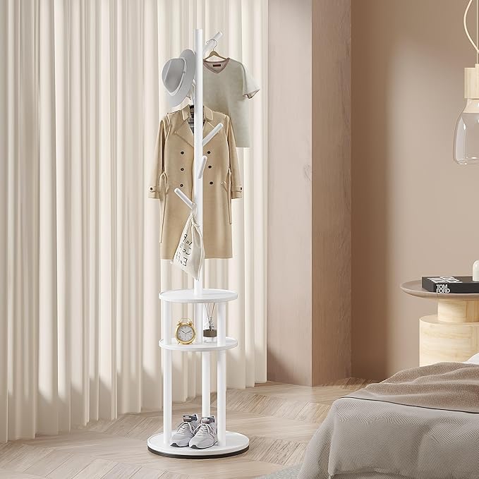 VECELO Coat Rack Freestanding, Entryway Hanger Stand, Umbrella Holder, Hall Tree With Hooks, Floor Standing Tree Stand,White