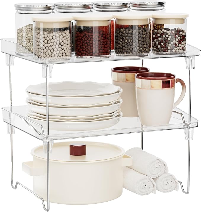 STARLATTA 2 Pcs Cabinet Organizer Shelf, Stackable Kitchen Counter Shelves, Spice Rack,Countertop Organizers, Clear Plastic Storage Shelves Rack for Makeup,Bathroom,Cupboard,Desk,Pantry Organization