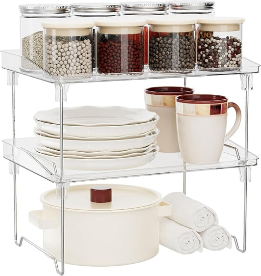 STARLATTA 2 Pcs Cabinet Organizer Shelf, Stackable Kitchen Counter Shelves, Spice Rack,Countertop Organizers, Clear Plastic Storage Shelves Rack for Makeup,Bathroom,Cupboard,Desk,Pantry Organization