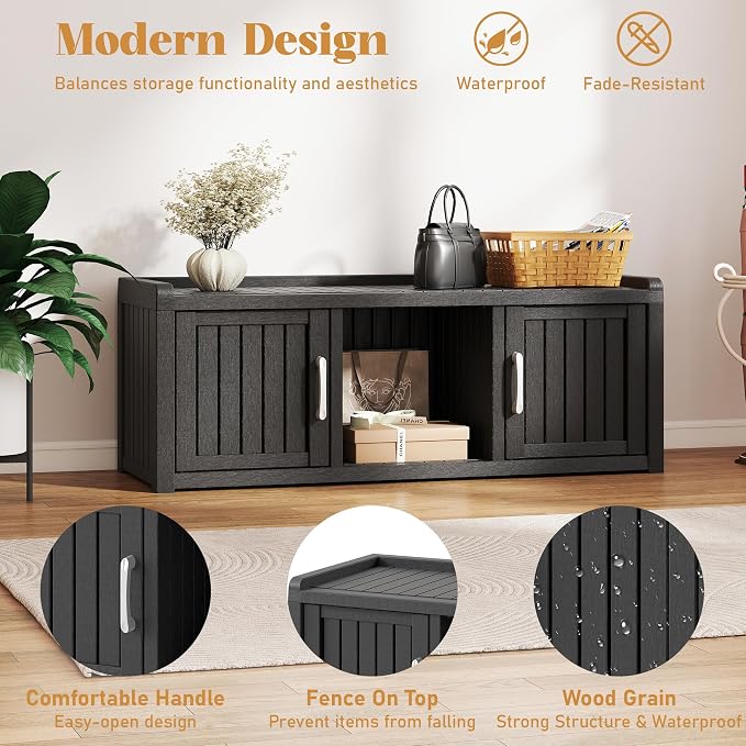 2-Tier Storage Bench, Waterproof UV-Resistant Outdoor Shoe Storage Cabinet with 2 Doors & Adjustable Shelves for Indoor Outdoor Entryway, Hallway, Living Room(Black)