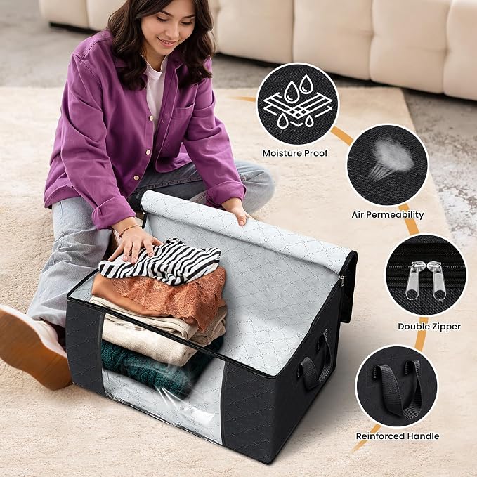 Fab totes Storage Bags,Clothes Blanket Storage Bins Foldable Closet Organizers with Reinforced Handle for Home Dorm Storage and Organization,Fabric Bags for Organizing Sheets,Clothing (Black,8 Pack)