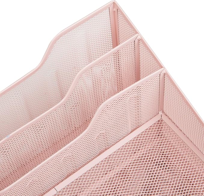 Mind Reader Metal Mesh Desktop File Organizer, 3-Tier Paper Tray with 5 Compartments, Office Mail Sorter, Pink