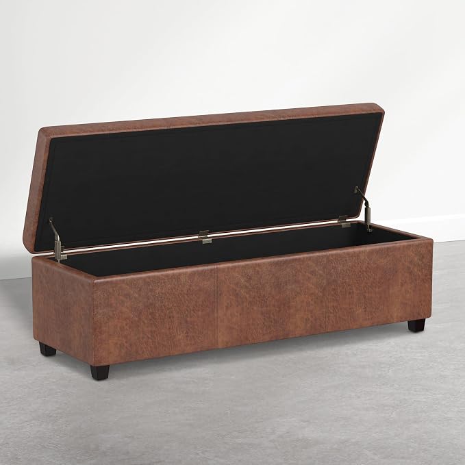 SIMPLIHOME Avalon Storage Ottoman Bench - 54 inch Wide Upholstered Vegan Leather Extra Large Rectangle Ottoman Bench in Distressed Pecan Brown, Contemporary Ottoman for Living Room with Lift-Up Lid