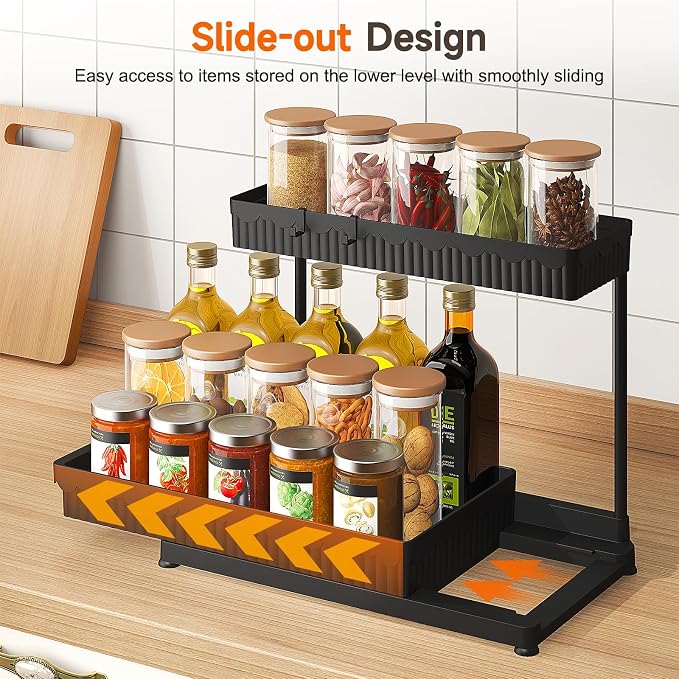 Sevenblue 3-Pack 2-Tier L-Shaped Under Sink Organizers with Sliding Drawers | Multi-use kitchen & bathroom storage, 14.85 inch black cabinet organizer, space-saving sliding drawer design.