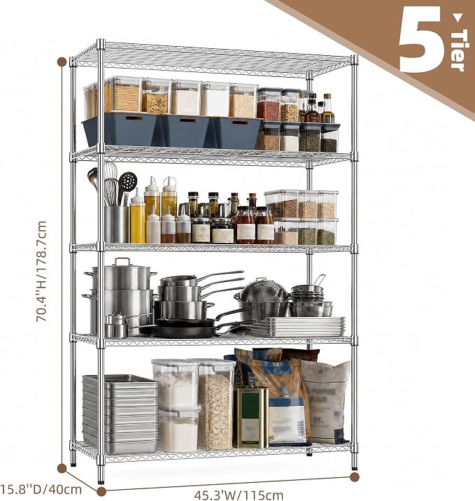 M MZG 5-Shelf Heavy Duty Garage Shelving Wire Adjustable Storage Rack for Kitchen Laundry Bathroom Pantry 1750 lbs Capacity Silver 15.8 x 45.3 x 70.4 Inch