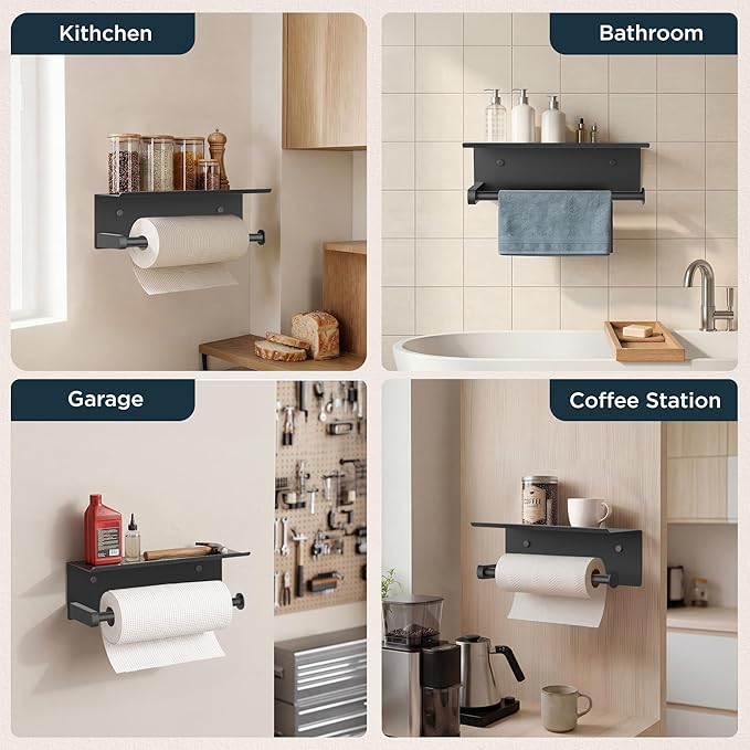 FORIOUS Wall Mount Paper Towel Holder with Shelf for Kitchen, Matte Black | Heavy Duty SUS304 Stainless Steel Paper Roll Organizer with Storage Spice Shelf, Screw-in for Bathroom, RV & Garage