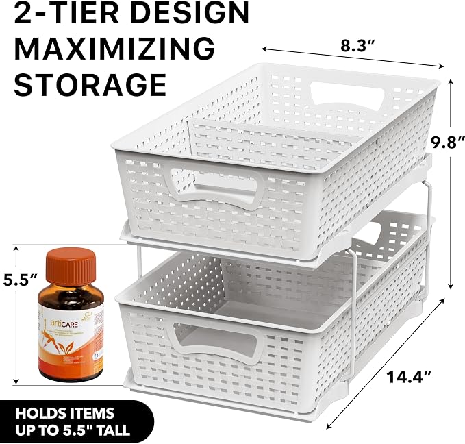 Simple Houseware 2 Tier Pull-Out Sliding Drawer Under Sink Storage, White | Great for Kitchen Bathroom Tray Shelf Organizer