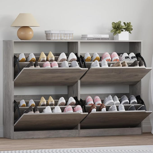 BORNOON Shoe Cabinet with 4 Flip Drawers, Narrow Hidden Shoe Storage Cabinet, Slim Freestanding Shoe Rack Organizer for Entryway, Hallway, Bedroom, Living Room