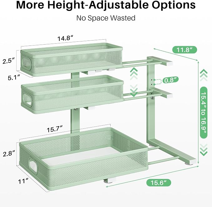 Kitstorack Under Sink Organizer, 2-Pack 3-Tier Height Adjustable Thickened Metal Pull out Cabinet Organizer Shelf, Slide out Storage Drawer Rack for Bathroom Kitchen Pantry Home Organization, Green