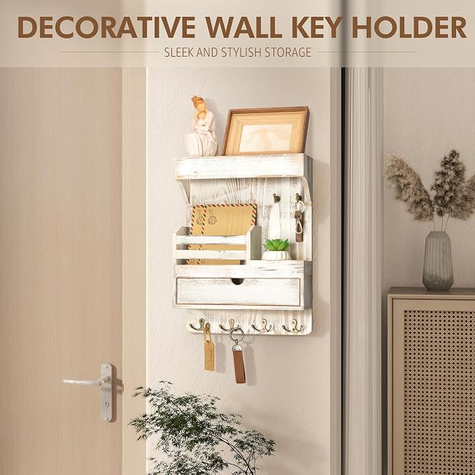 Rebee Vision Key Holder Wall Mount with Drawer for Home Decor, Whitewash | Pine Wood, Key Holder for Wall, 6 Rustic Hooks, Floating Shelf, Drawer Organizer, Mail Organizer, Chic Home Decor, Storage