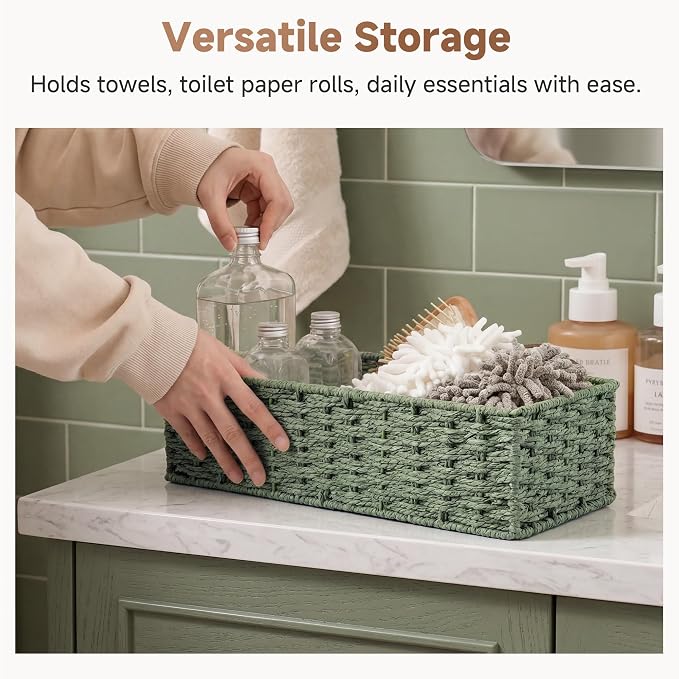 StorageWorks Wicker Toilet Paper Basket for Sage Green Bathroom Decor | Small Narrow Back of Toilet Basket, Paper Rope Decorative Bathroom Basket Organizer and Storage for Tank Topper, 2 Pack