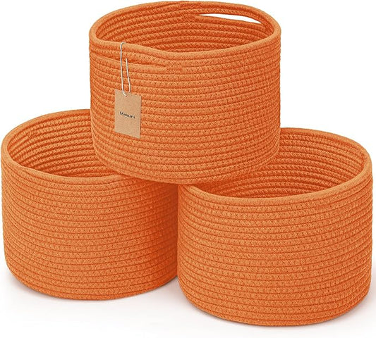 3 Pack Small Rope Storage Baskets, 9.82×9.82×7.1", Orange | Cotton Basket for Gifts Empty, Cute Round Woven Basket, Decorative Shelf Basket Organizer, Organizing Basket for Shelves